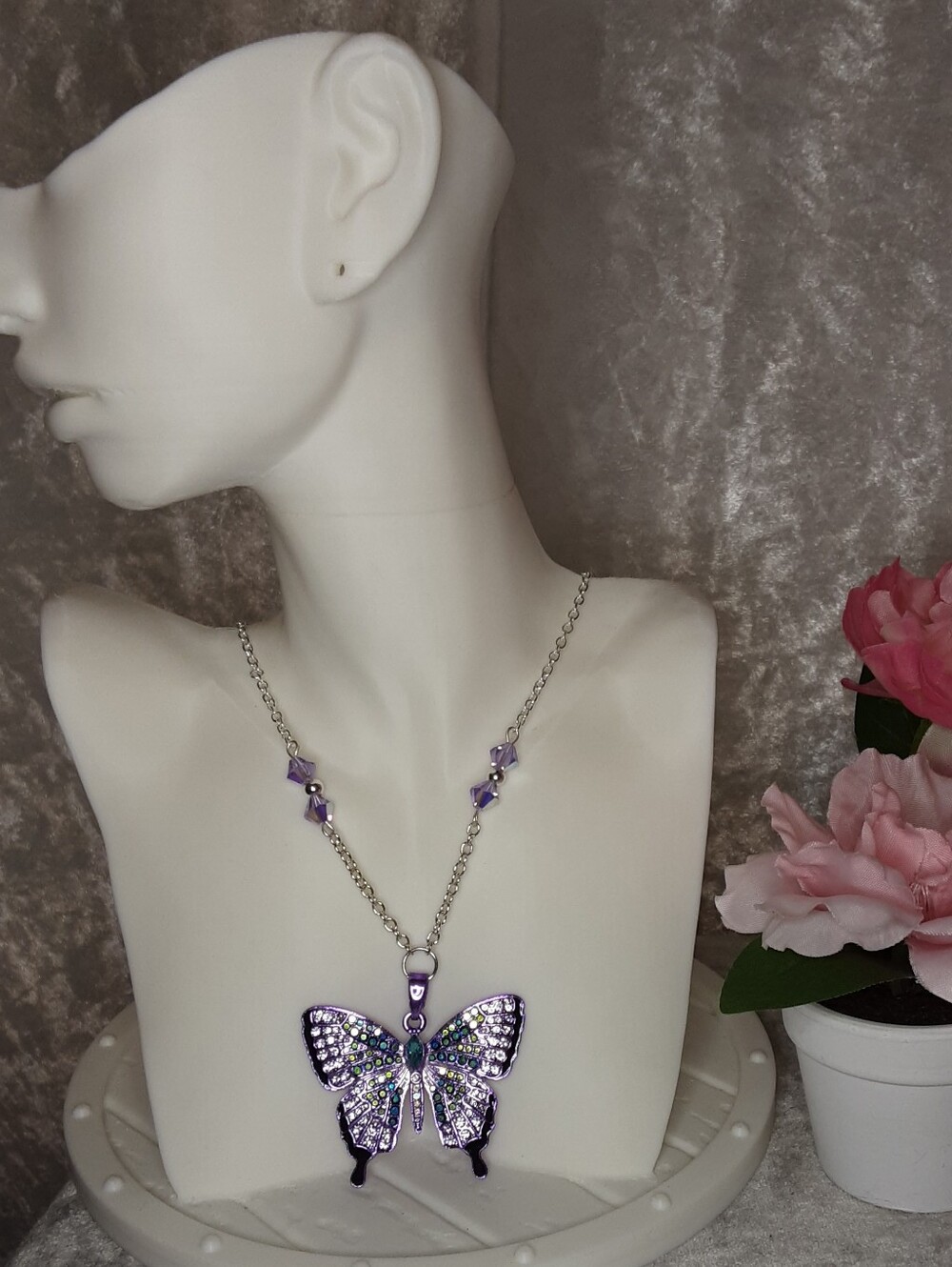Handmade Butterfly Necklace Purple Crystals 20" Chain